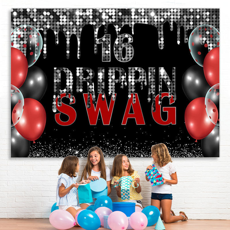 Lofaris Swag 16 Black And Silver Glitter Birthday Backdrop