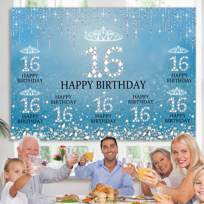 Lofaris Sweet 16 Diamond Glitter Blue Birthday Backdrop
