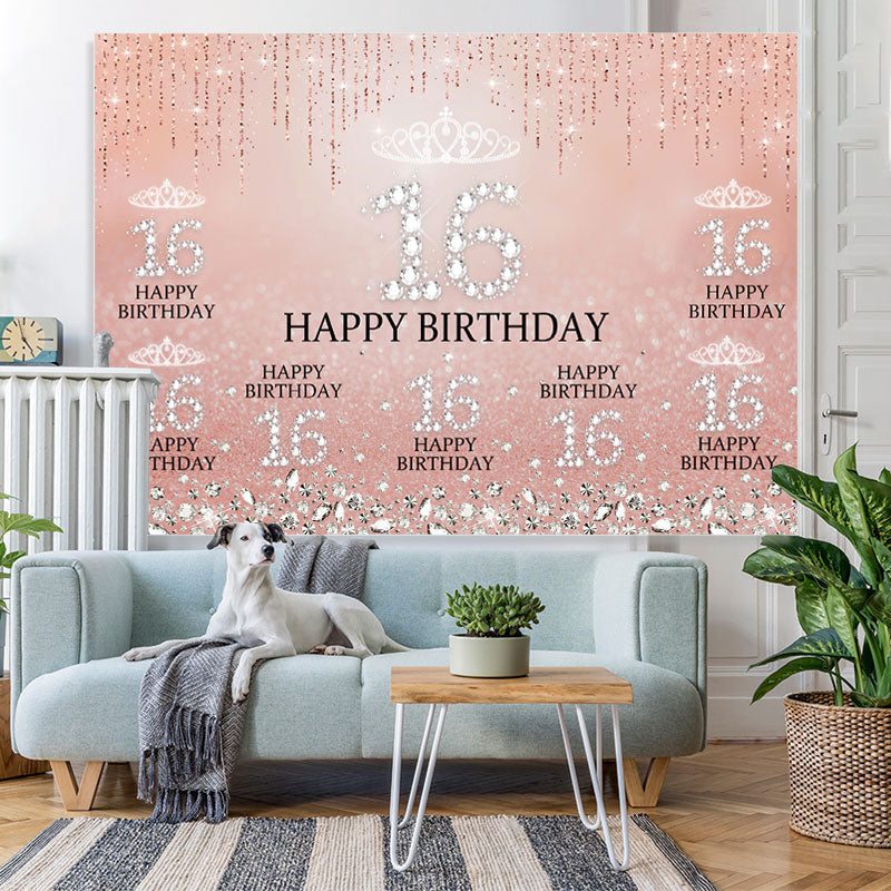 Lofaris Sweet 16 Pink Glitter Diamond Birthday Backdrop for Girls