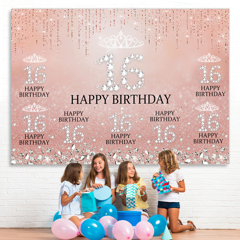 Lofaris Sweet 16 Pink Glitter Diamond Birthday Backdrop for Girls