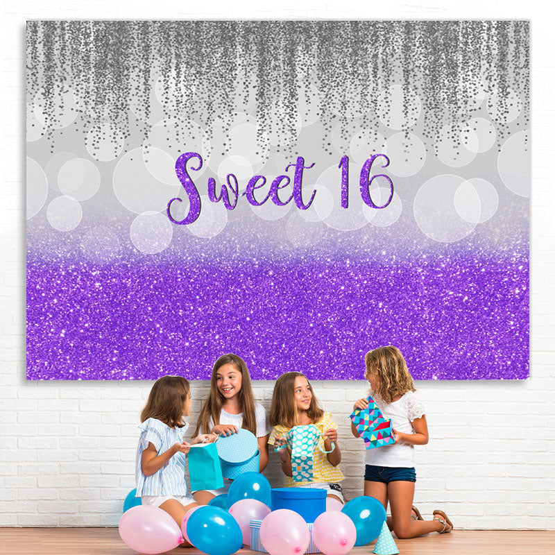Lofaris Sweet 16 Purple and Gray Glitter Bokeh Birthday Backdrop