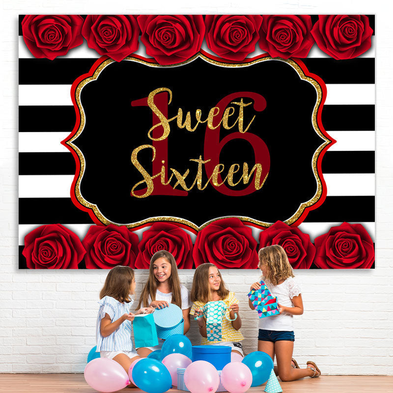 Lofaris Sweet 16 With Roses And Stripe Happy Birthday Backdrop