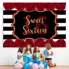 Lofaris Sweet 16 With Roses And Stripe Happy Birthday Backdrop