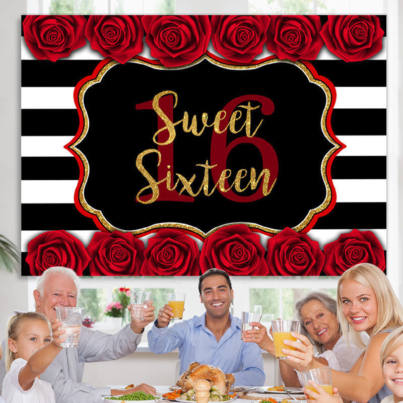 Lofaris Sweet 16 With Roses And Stripe Happy Birthday Backdrop