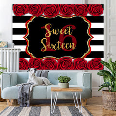 Lofaris Sweet 16 With Roses And Stripe Happy Birthday Backdrop