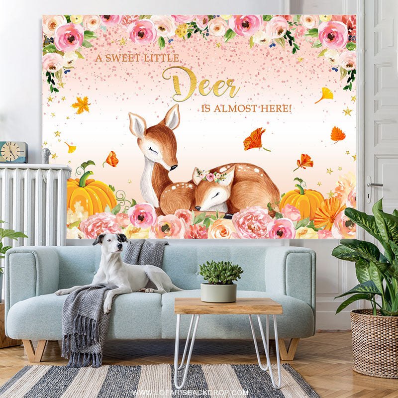Lofaris Sweet Deer Almost Here Pink Floral Baby Shower Backdrop