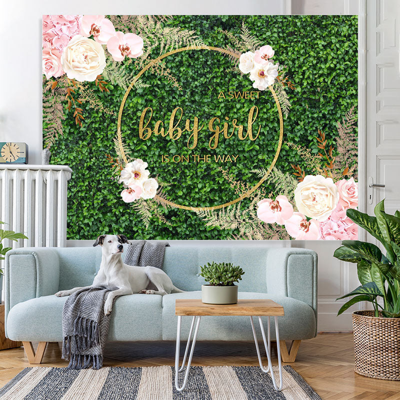 Lofaris Sweet Floral And Green Glitter Baby Shower Backdrop