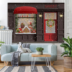 Lofaris Sweet Gingerbread Snow Christmas Wreath Lights Red Door Backdrop