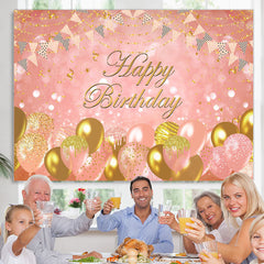Lofaris Sweet Pink Balloon Flag Ribbon Happy Birthday Backdrop