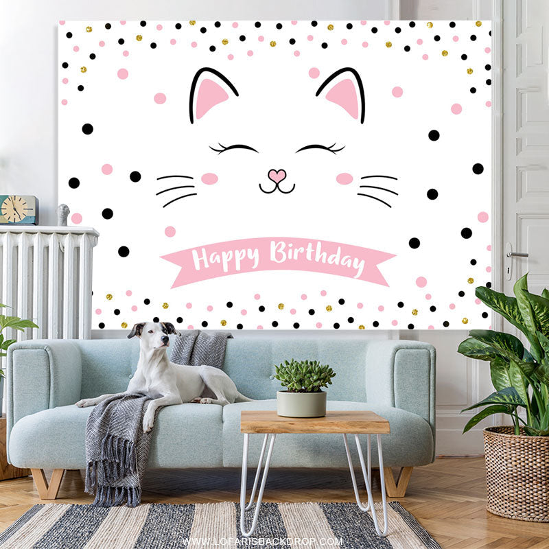 Lofaris Sweet Pink Cat With Dots Happy Birthday Backdrop