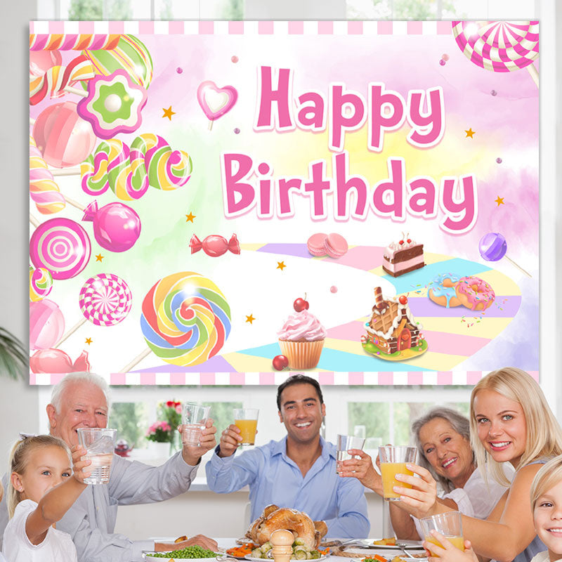 Lofaris Sweet Pink Dessert World Themed Happy Birthday Backdrop