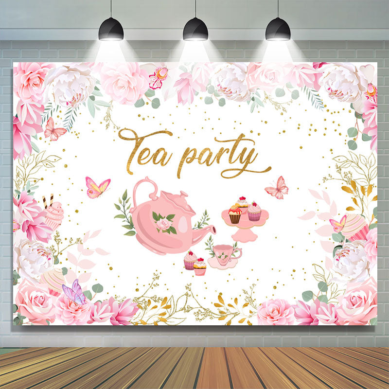 Lofaris Tea Party Pink And White Floral Happy Birthday Backdrop