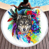 Lofaris The Original Wolf Spirit Floral Round Beach Towel