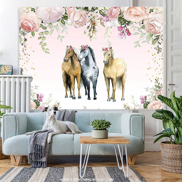 Lofaris Three Horses Floral Baby Shower Backdrop For Girls