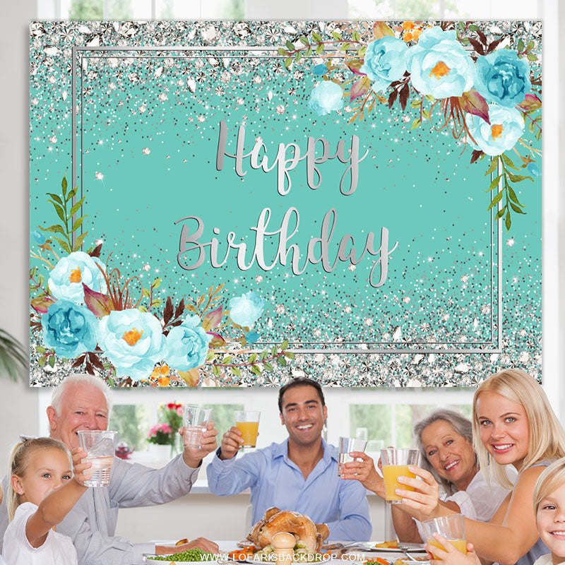 Lofaris Tiffany Bule Flowers And Silver Happy Birthday Backdrop