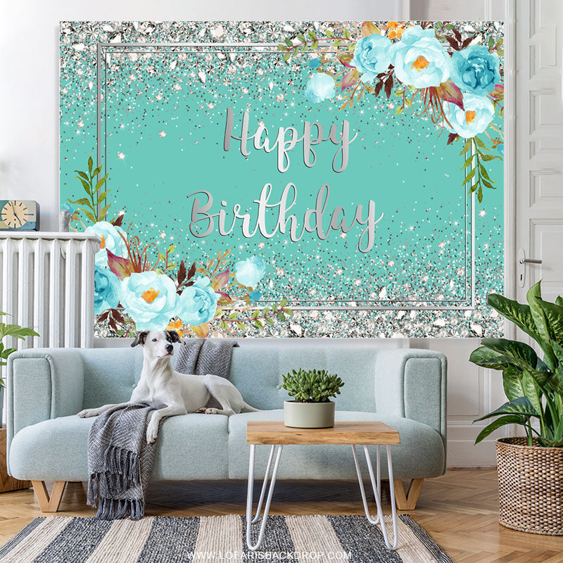Lofaris Tiffany Bule Flowers And Silver Happy Birthday Backdrop