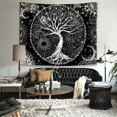 Lofaris Tree of Life Black And White Moon Galaxy Wall Tapestry