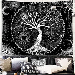 Lofaris Tree of Life Black And White Moon Galaxy Wall Tapestry