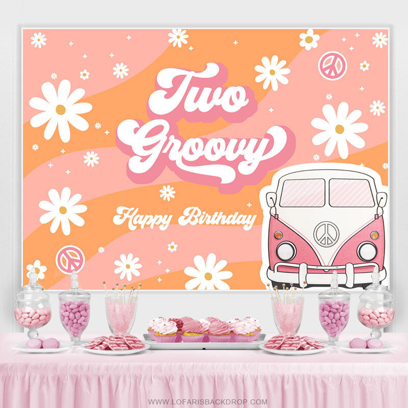 Lofaris Two Groovy Daisy Van Girls Happy Birthday Backdrop