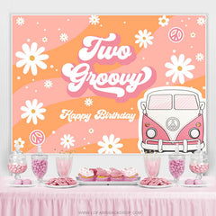 Lofaris Two Groovy Daisy Van Girls Happy Birthday Backdrop