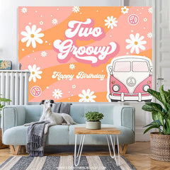 Lofaris Two Groovy Daisy Van Girls Happy Birthday Backdrop