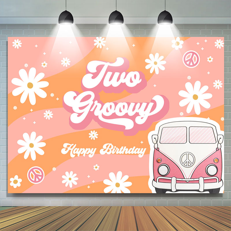 Lofaris Two Groovy Daisy Van Girls Happy Birthday Backdrop