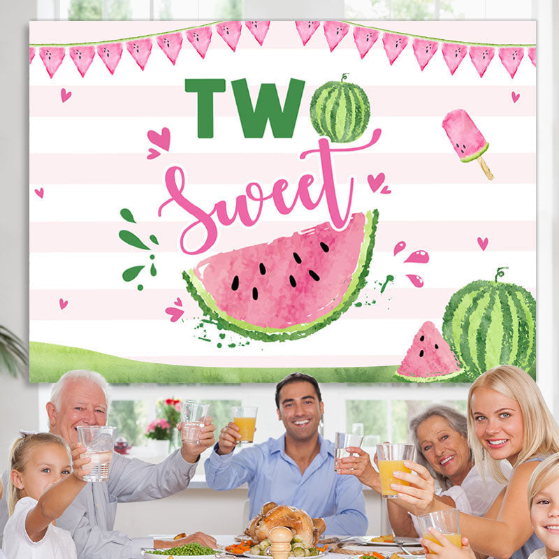 Lofaris Two Sweet Watermelon Pink Stripes 2nd Birthday Backdrop for Girl