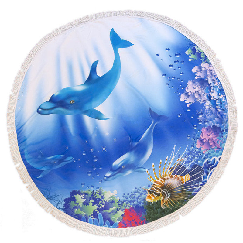 Lofaris Undersea Blue Dolphins Round Summer Beach Blanket