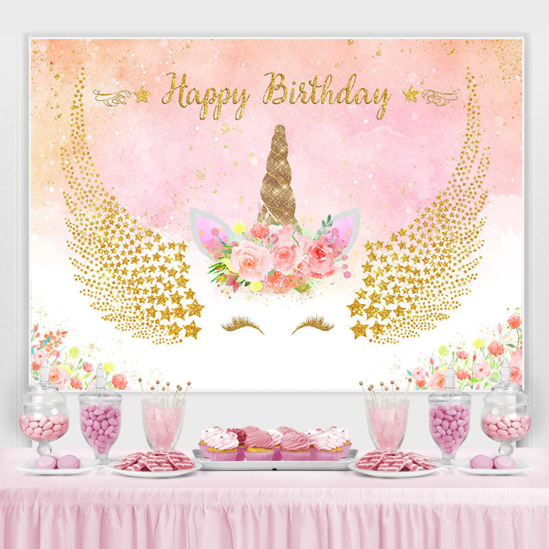Lofaris Unicorn Flower Pink Happy Birthday Backdrop For Girl