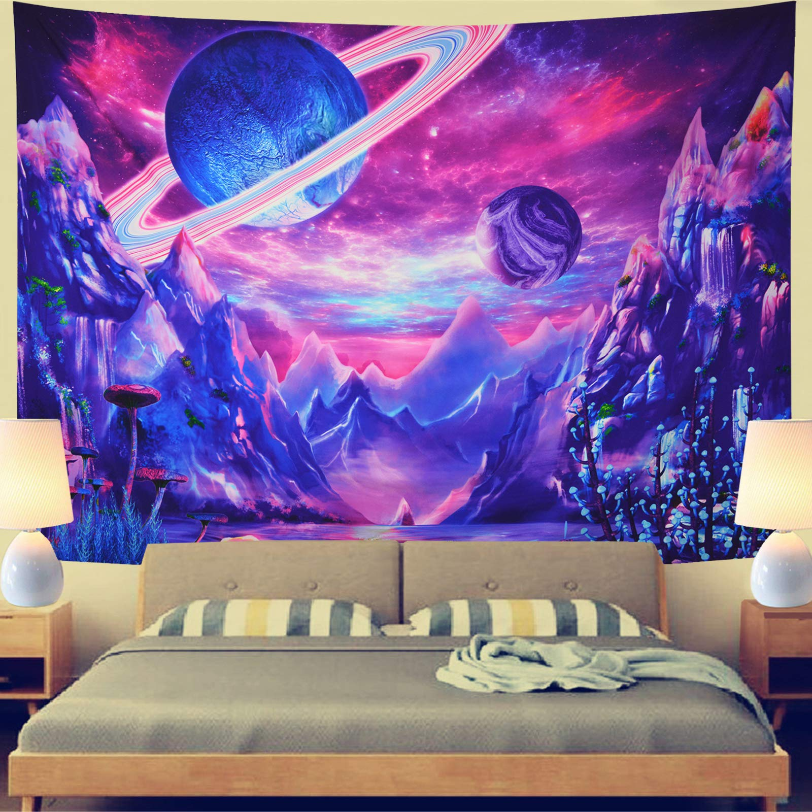 Lofaris UV Blacklight Mushroom Planet Tapestry for Living Room Decor