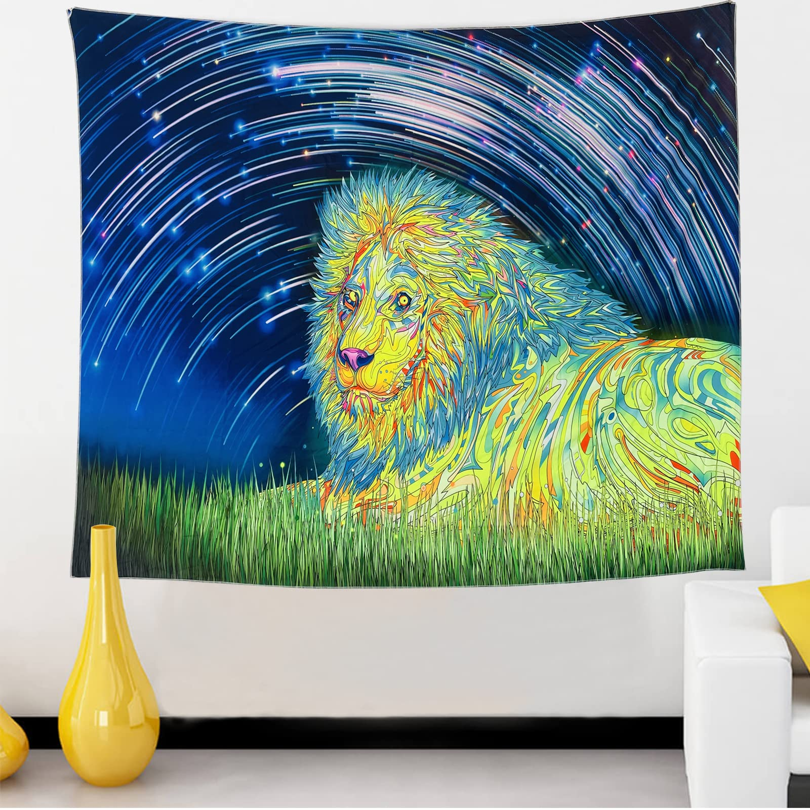 Lofaris UV Blacklight Tapestry With Lion Grassland for Bedroom