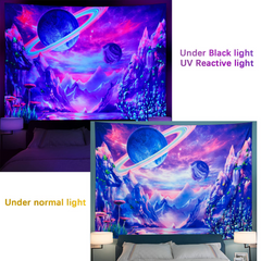 Lofaris UV Reactive Blacklight Galaxy Space Mountain Planet Tapestry