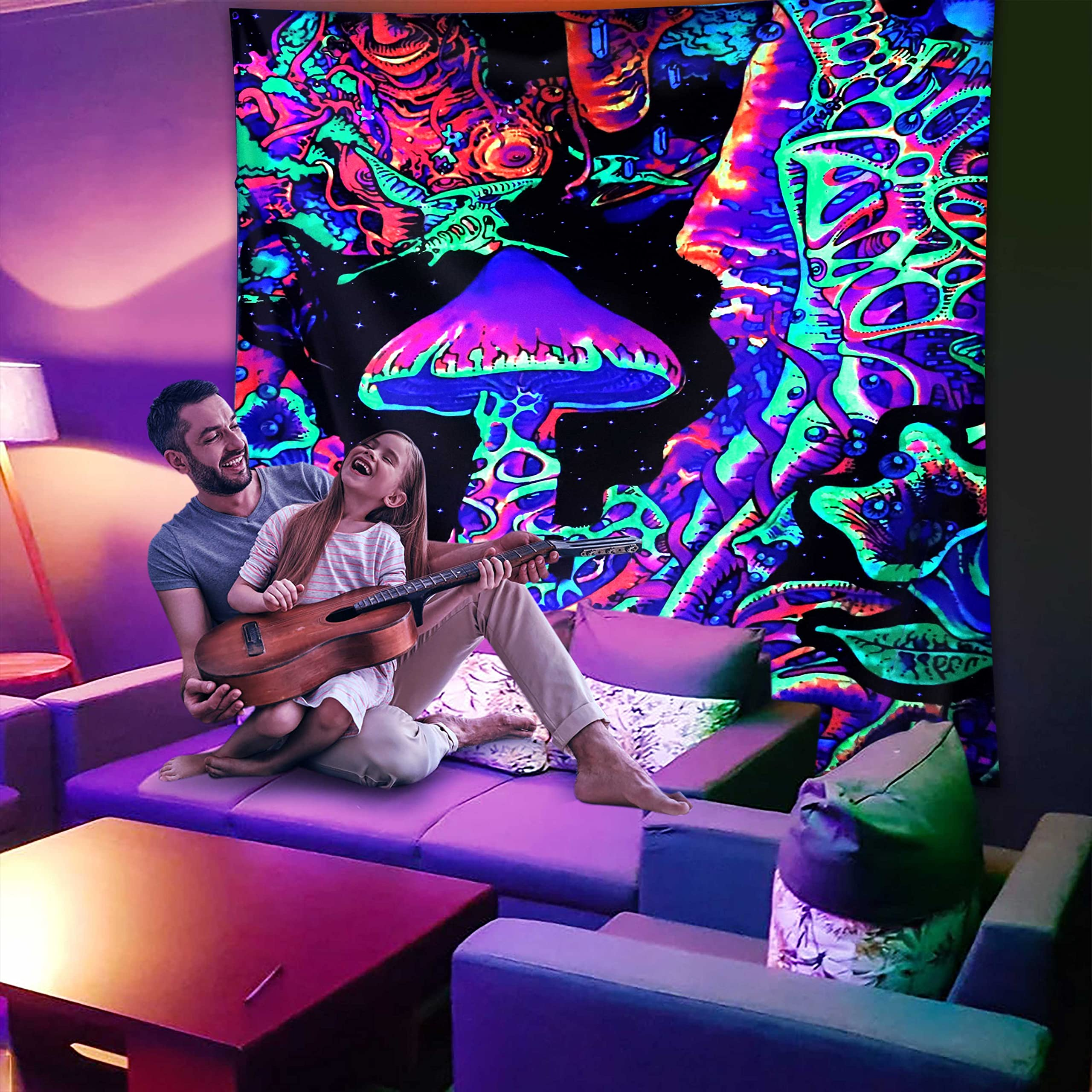 Lofaris UV Reactive Blacklight Upright Mushroom Tapestry for Party