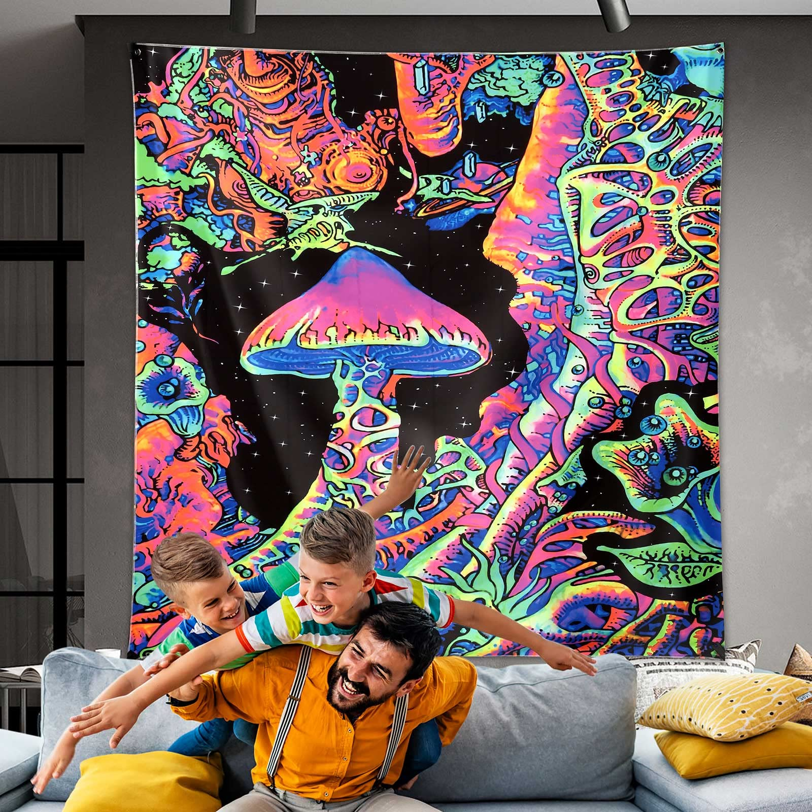 Lofaris UV Reactive Blacklight Upright Mushroom Tapestry for Party