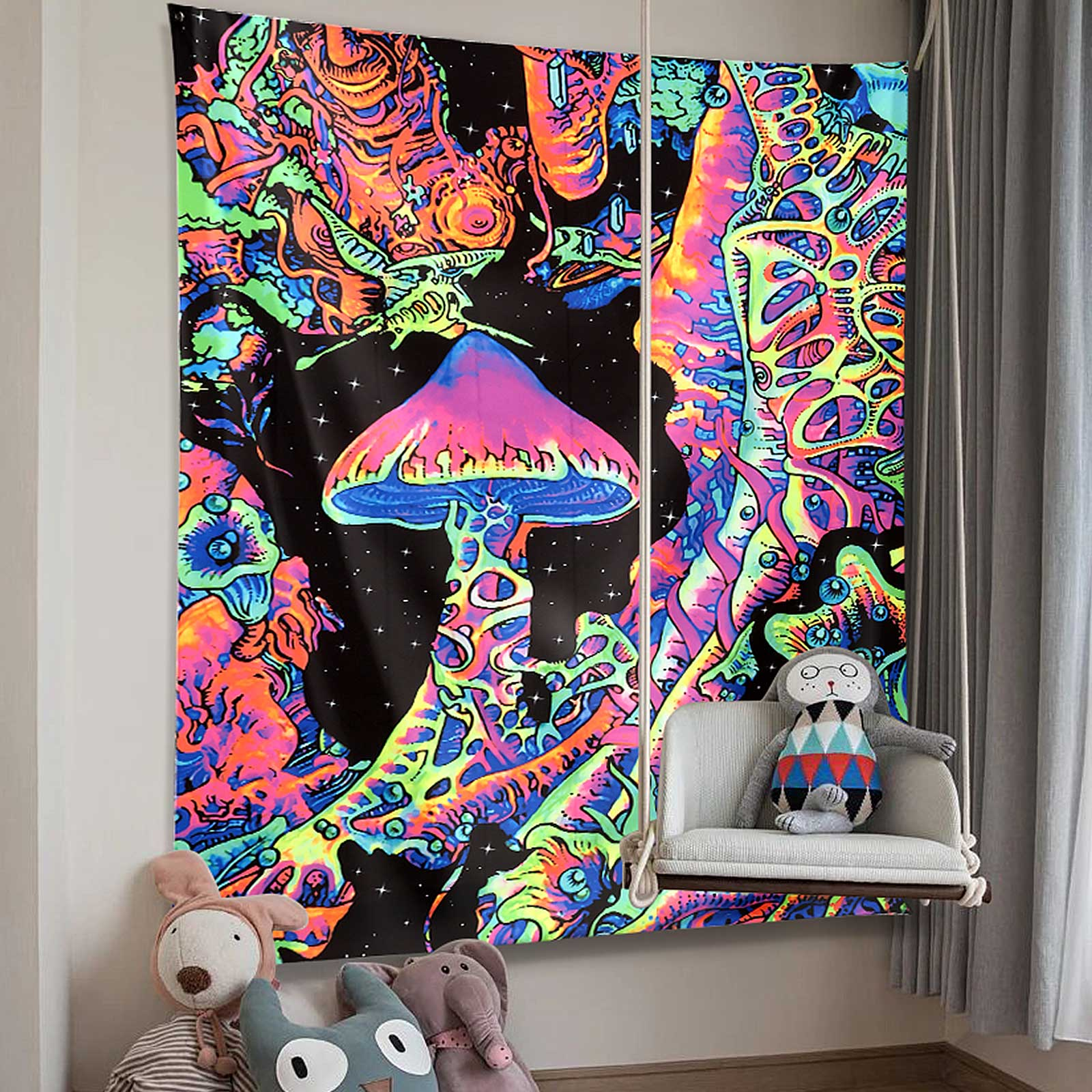Lofaris UV Reactive Blacklight Upright Mushroom Tapestry for Party