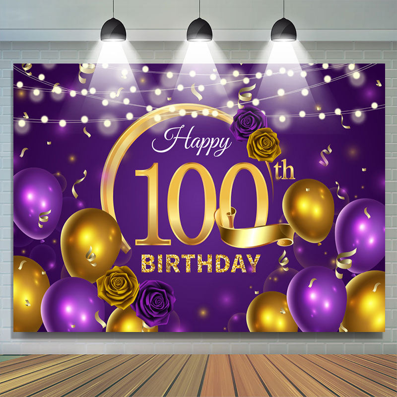 Lofaris Purple Gold Balloon Rose 100th Birthday Backdrop