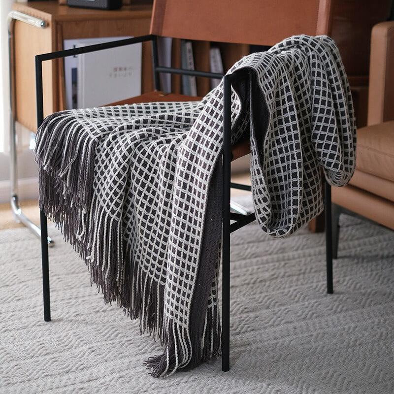 Lofaris Waffle Plaid Knitted Simple Black And White Soft Throw Blanket