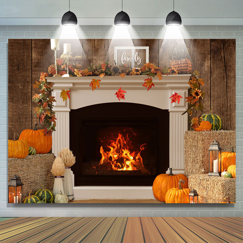 Lofaris Warm Fireplace Pumpkin Family Thanksgiving Day Backdrop