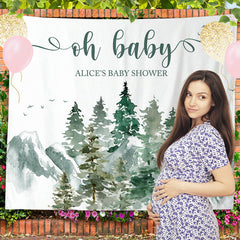 Lofaris Watercolor Green Forest Custom Name Baby Shower Backdrop