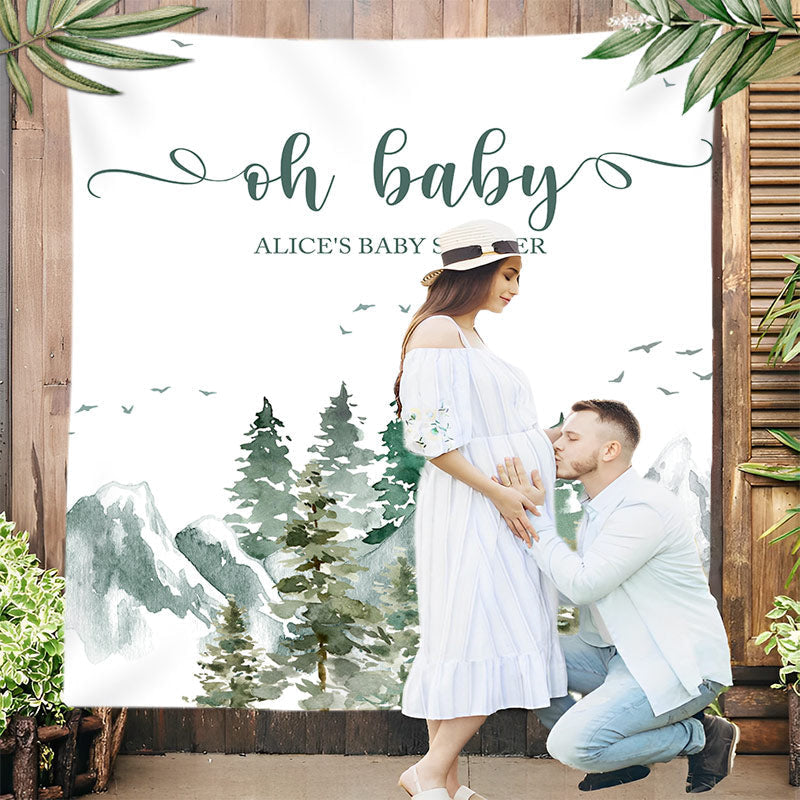 Lofaris Watercolor Green Forest Custom Name Baby Shower Backdrop