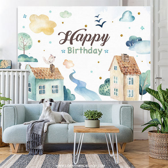Lofaris Watercolor Green Happy Birthday Backdrop For Kid