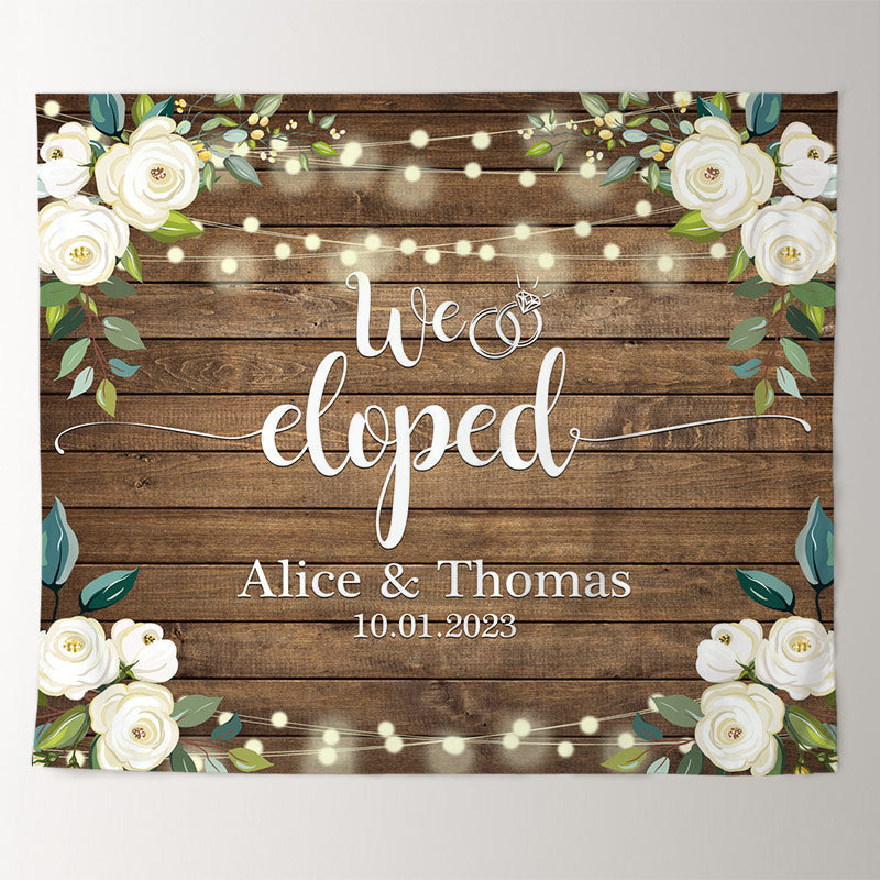 Lofaris We Eloped White Rose Country Wooden Wedding Backdrop