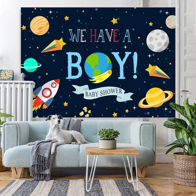 Lofaris We Have A Boy Space Theme Baby Shower Backdrop For