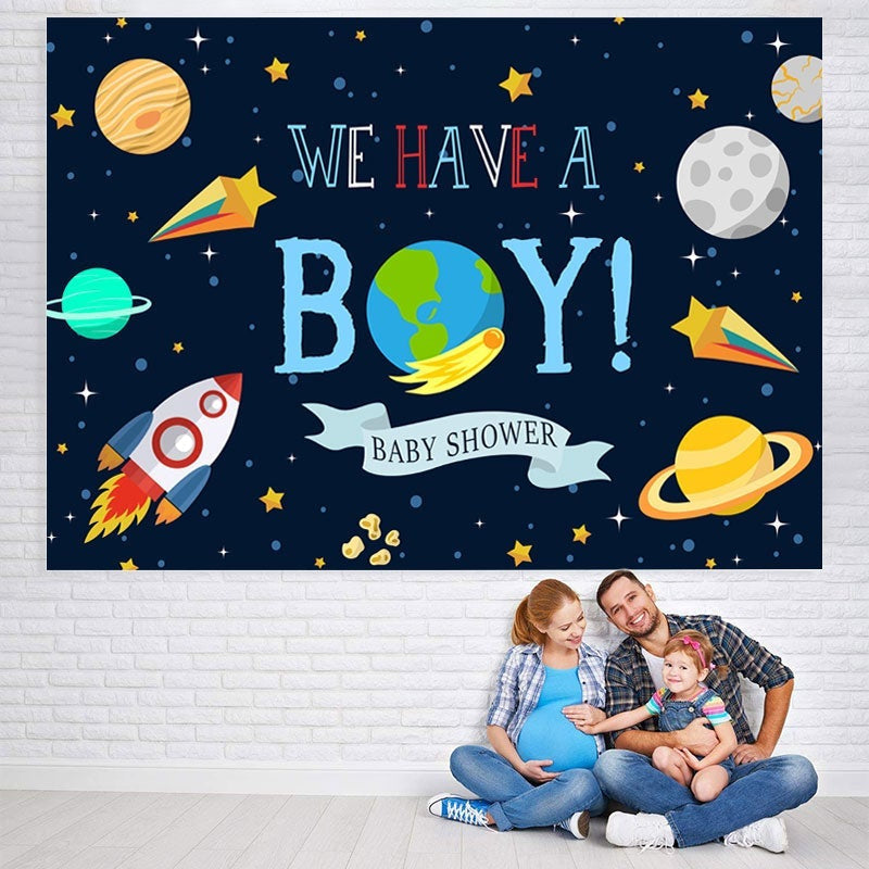 Lofaris We Have A Boy Space Theme Baby Shower Backdrop For