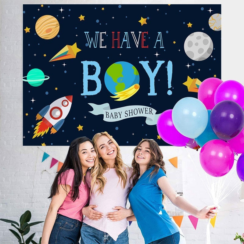 Lofaris We Have A Boy Space Theme Baby Shower Backdrop For