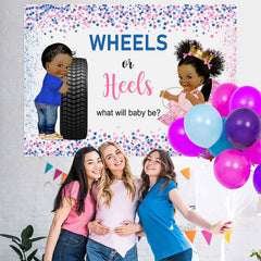 Lofaris Wheels Or Heels Pink and Blue Star Baby Shower Backdorp