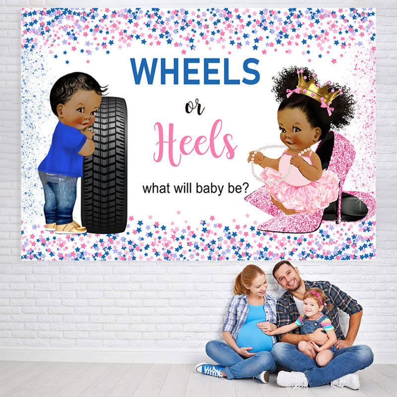 Lofaris Wheels Or Heels Pink and Blue Star Baby Shower Backdorp
