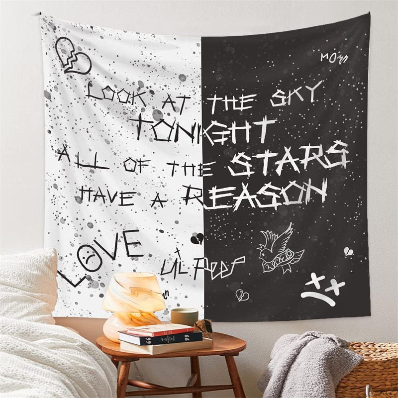 Lofaris White And Black Sky Stars Text Voguish Wall Tapestry
