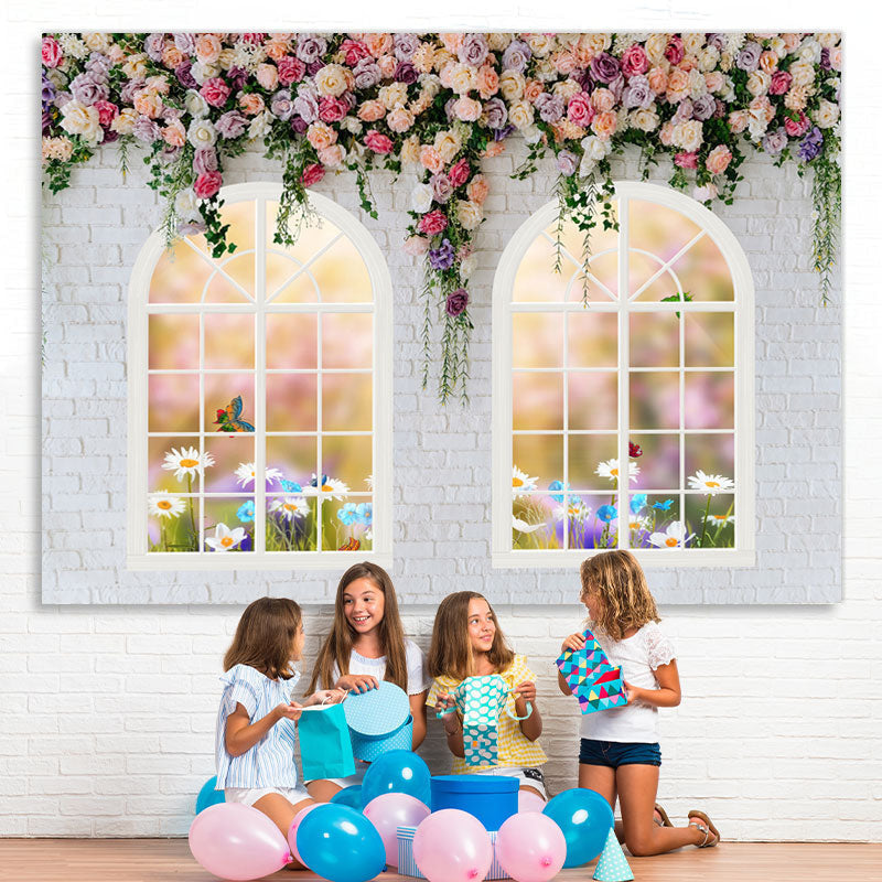 Lofaris White And Floral Bricks Window Spring Backdrop