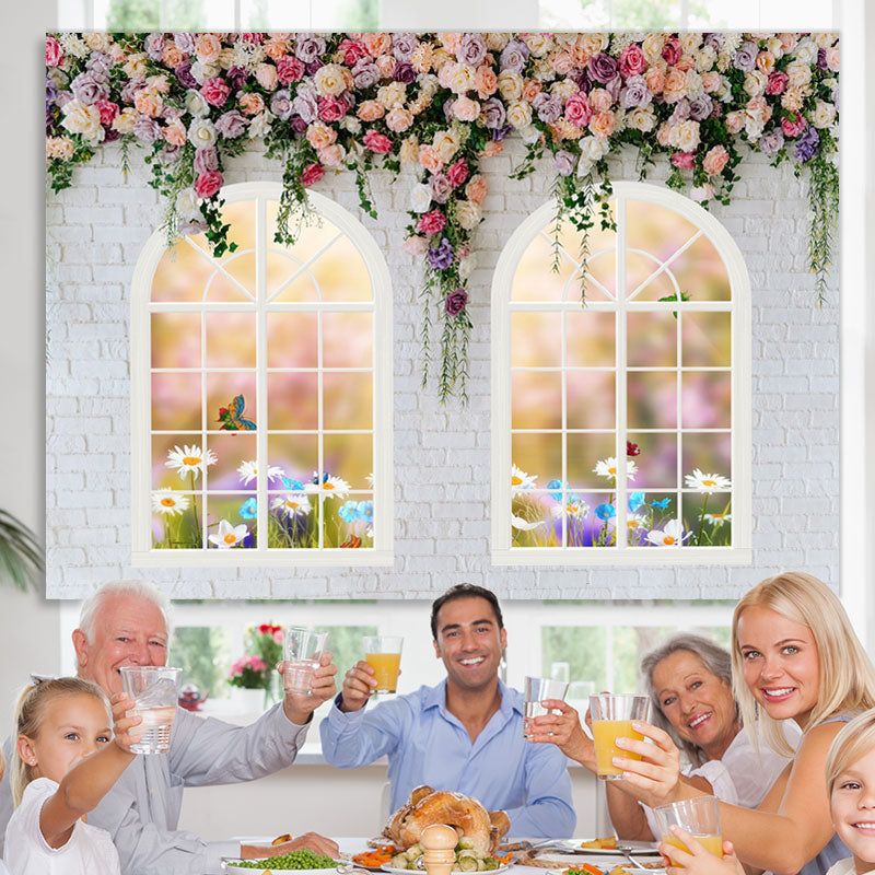 Lofaris White And Floral Bricks Window Spring Backdrop